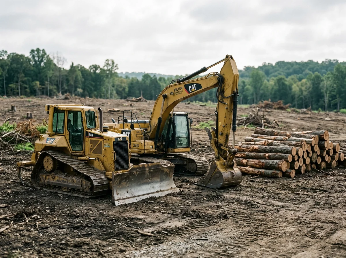 Heavy equipment including dozers and excavators on a job site, ready for land clearing and logging work.
