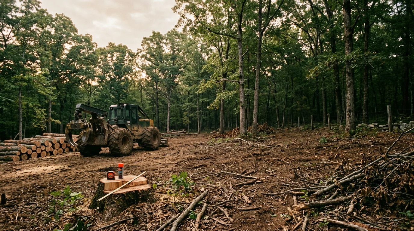 Logging equipment clearing timber from a wooded property