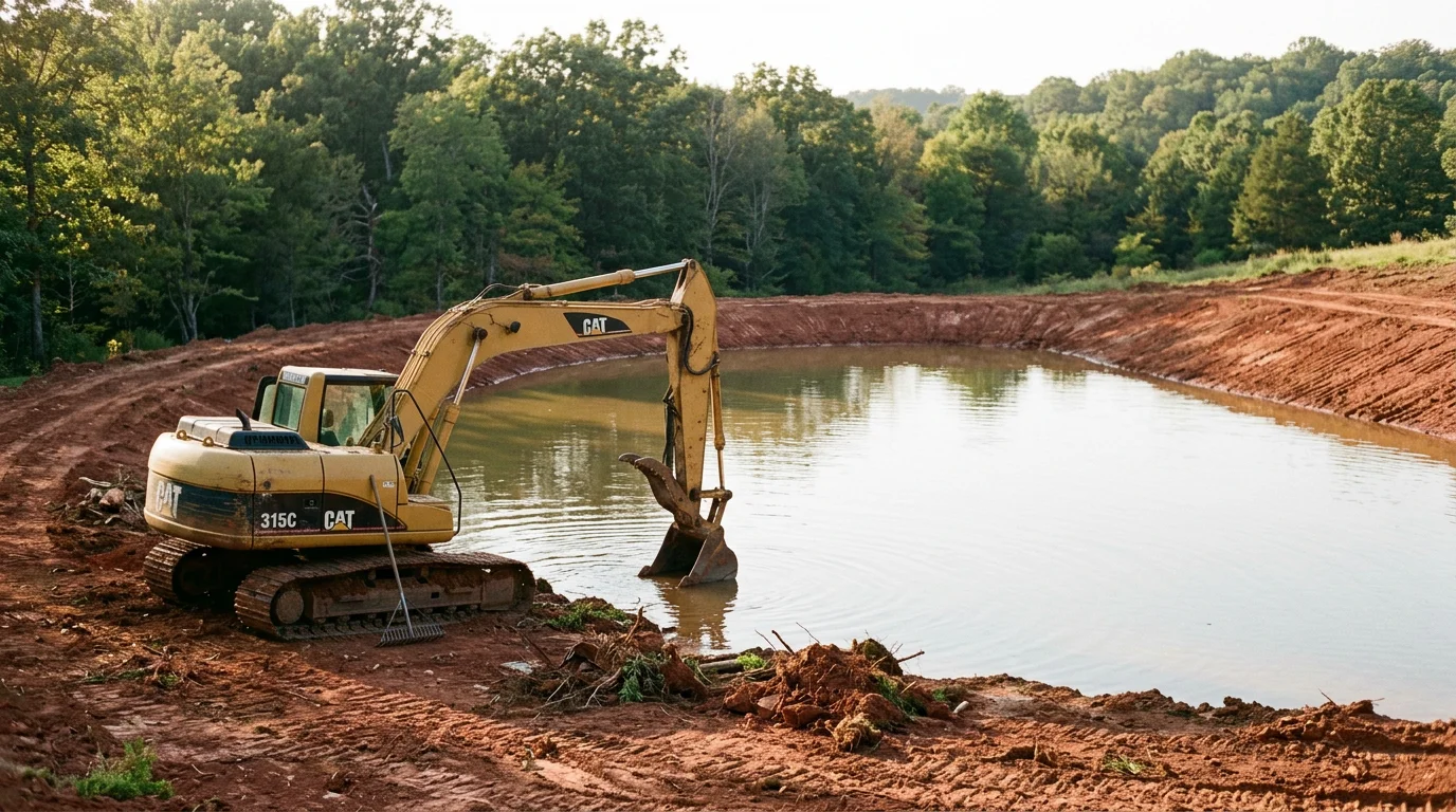 Excavator working on a pond construction project