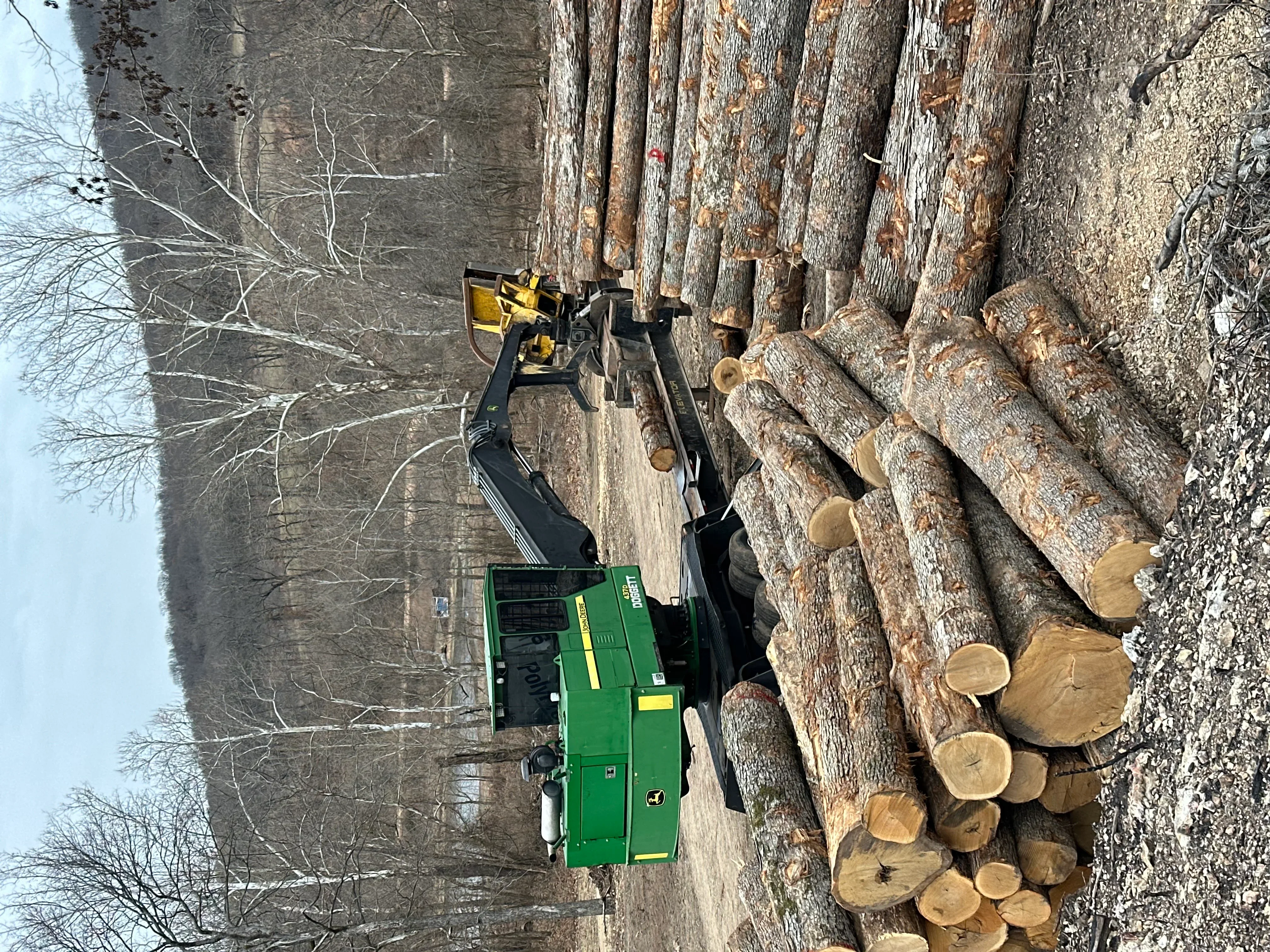 Tracked excavator with grapple loading cut logs onto trailer at timber harvest site