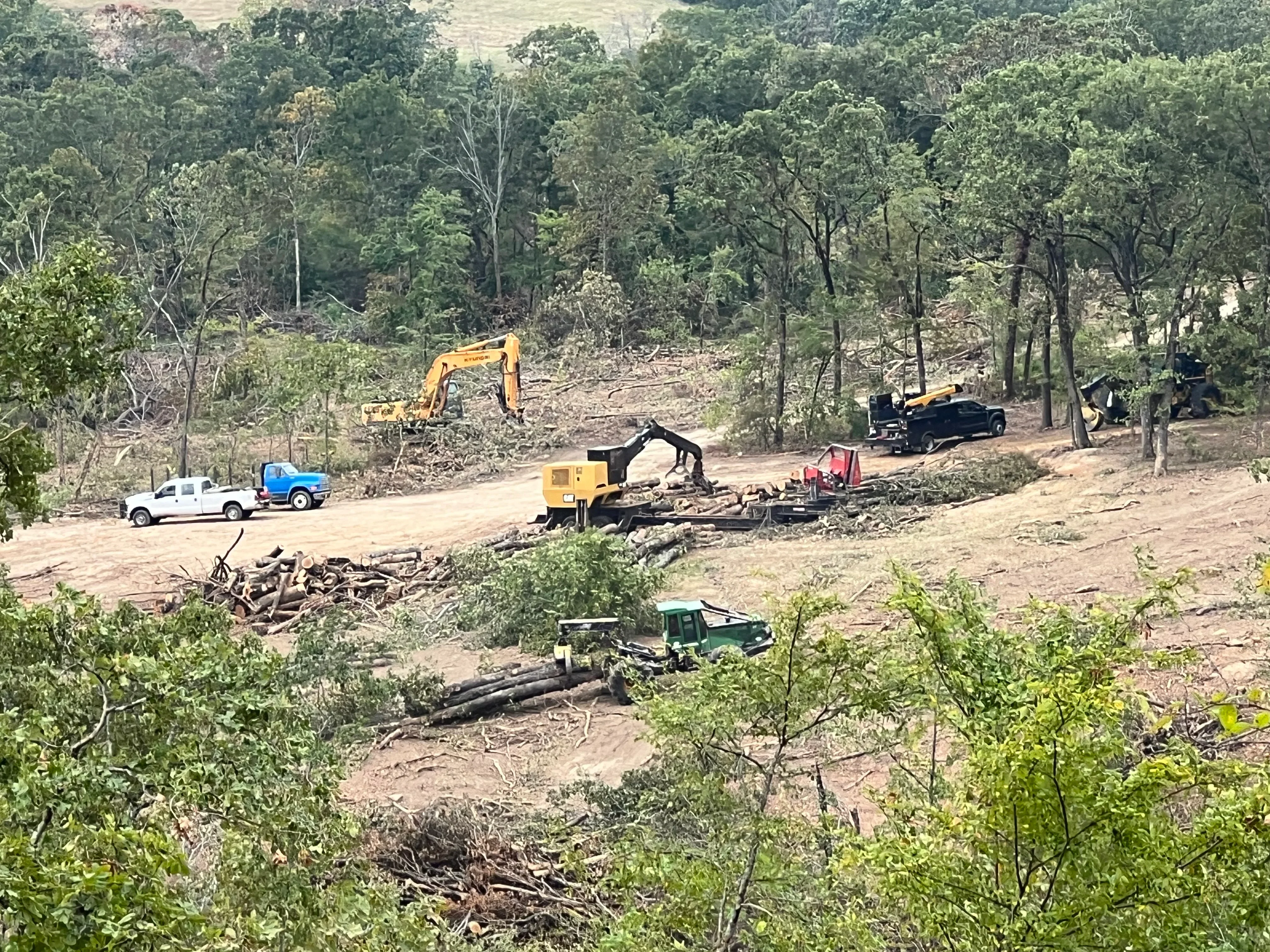 Excavators and wood chippers processing logs and cleared timber on wooded site