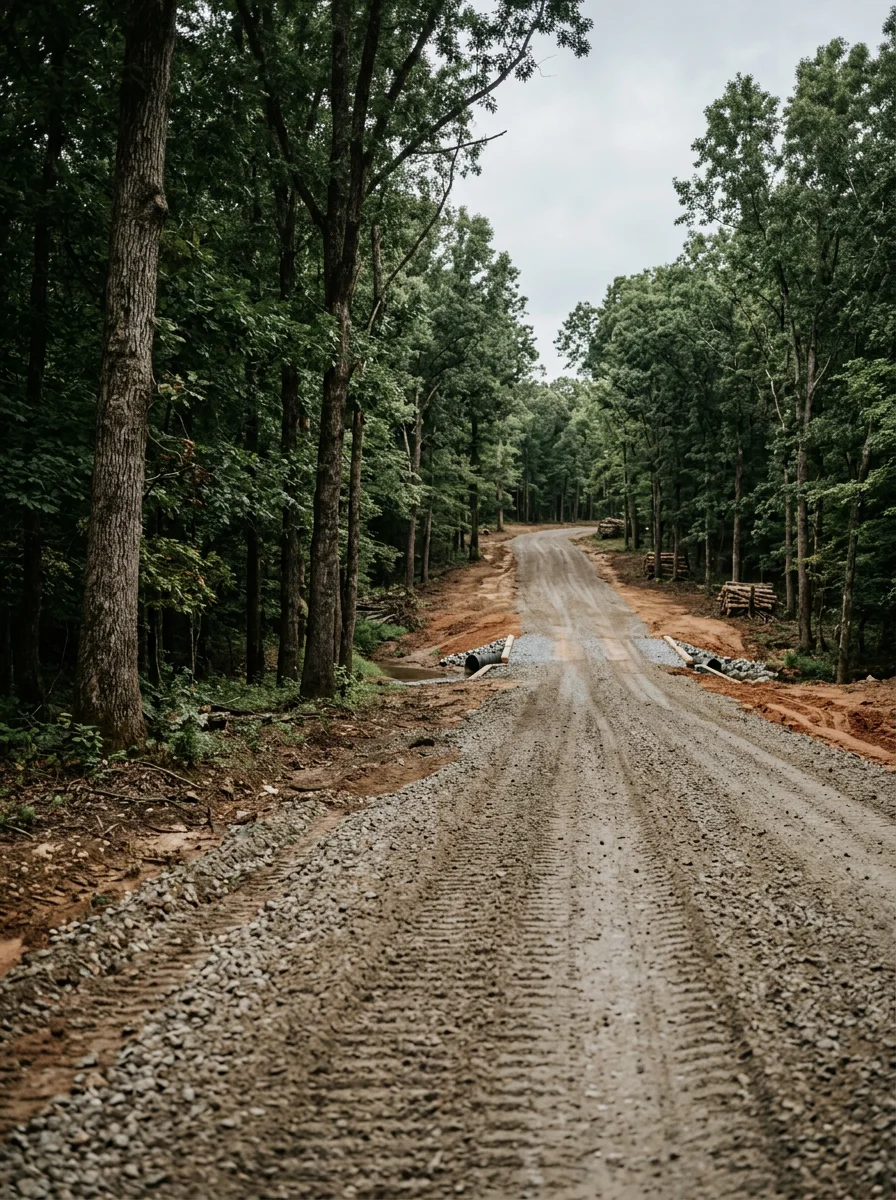 A newly built gravel road cut through timbered Adair County, Oklahoma acreage, showing a cleared path through dense hardwood with a creek crossing in the background.