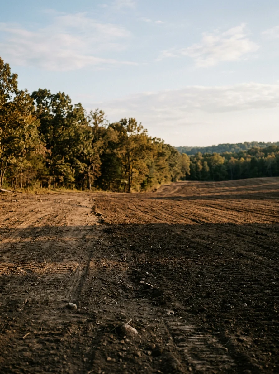 A newly cleared rural pasture in western Benton County near Gravette, Arkansas, showing graded ground with Ozark hardwood treeline at the property edge.