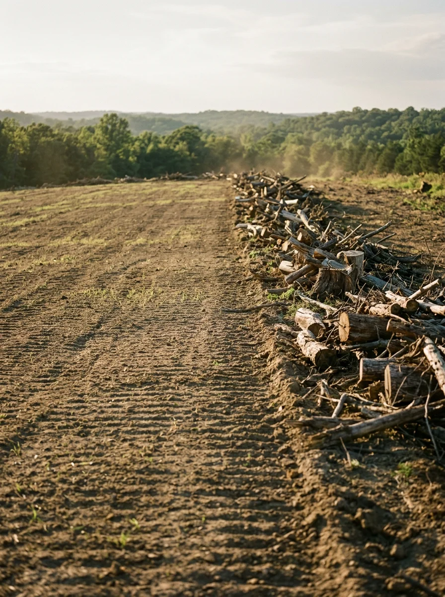 A freshly cleared and graded pasture on Arkansas River terrace ground near Alma, Crawford County, Arkansas, with timber debris pushed to the field perimeter.