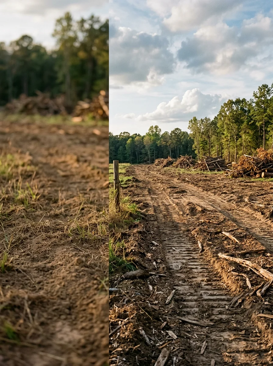 Freshly cleared and graded pasture ground on a Franklin County bottomland property near Ozark, Arkansas, with timber debris piled at the field edge.