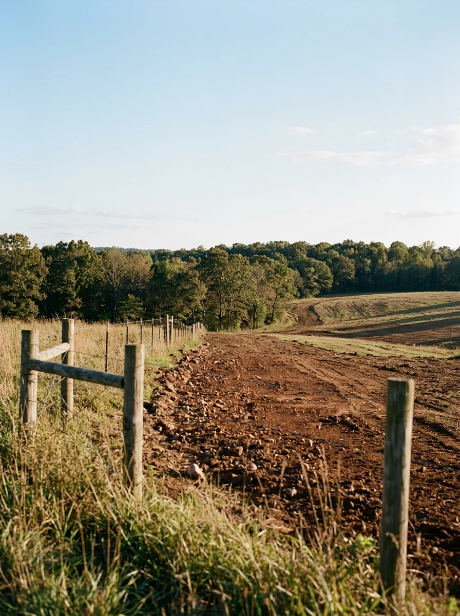 A cleared and graded cattle pasture on a rural Madison County, Arkansas property near Huntsville, with Ozark hardwood timber remaining at the property boundary.