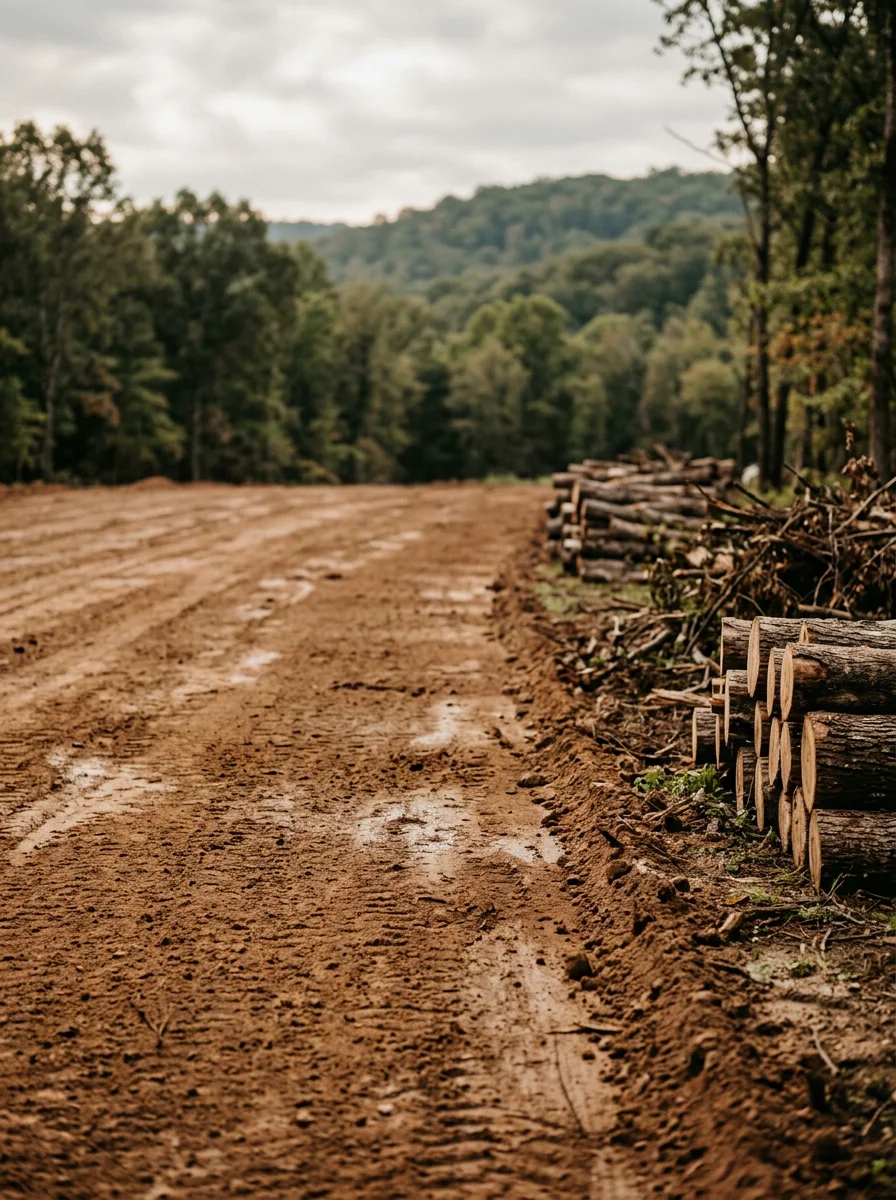 A freshly graded building pad on a rural Washington County property, with cleared timber debris to the side and Ozark ridgeline visible in the distance.