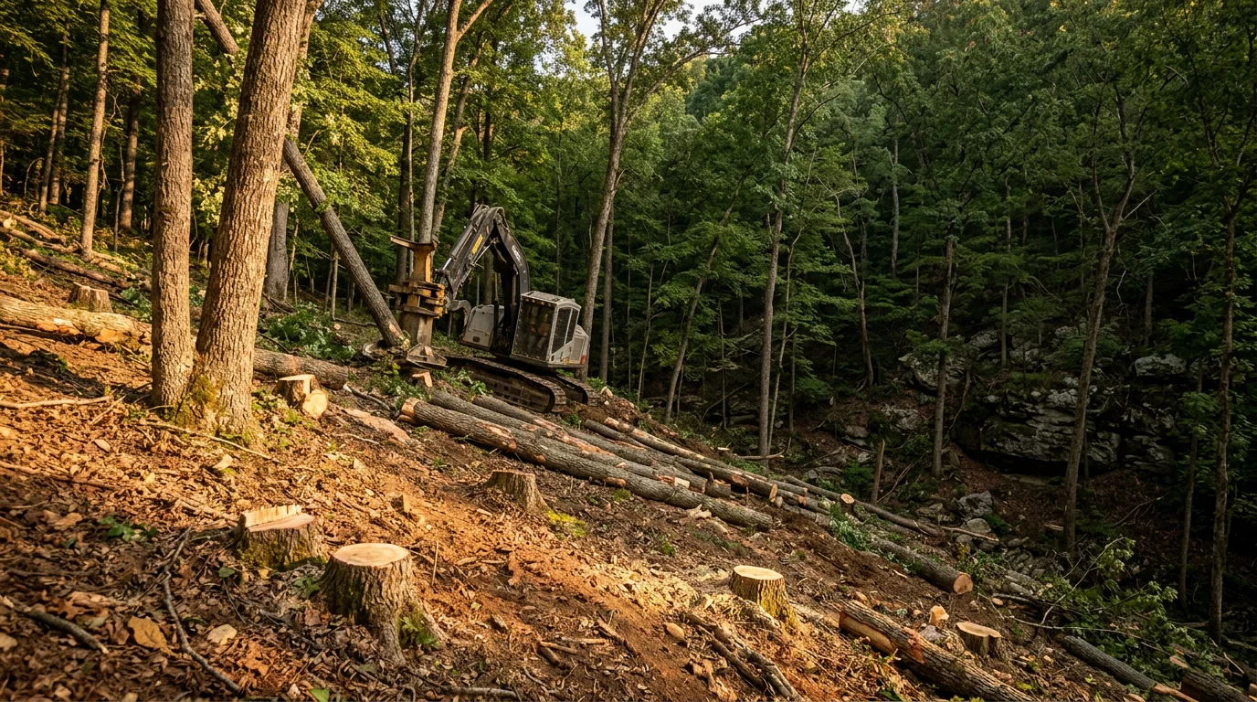 Heavy equipment performing select cut logging on a steep, hardwood-covered hillside in Washington County, Arkansas, with mature oak and hickory trees visible in the background.