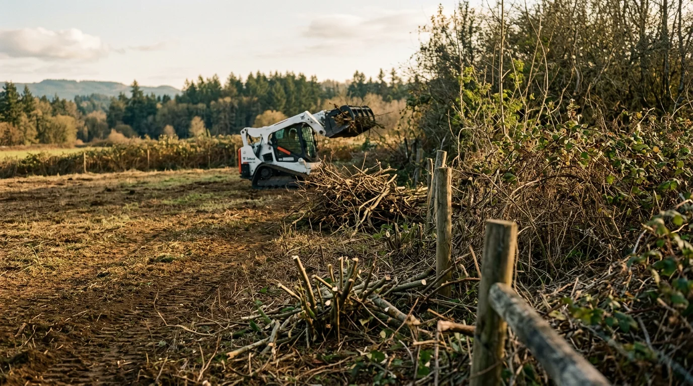 A Washington County rural property with dense overgrown brush cleared from a fence line, showing open ground and accessible fence posts. Felten Logging LLC brush removal work on an Arkansas acreage property.