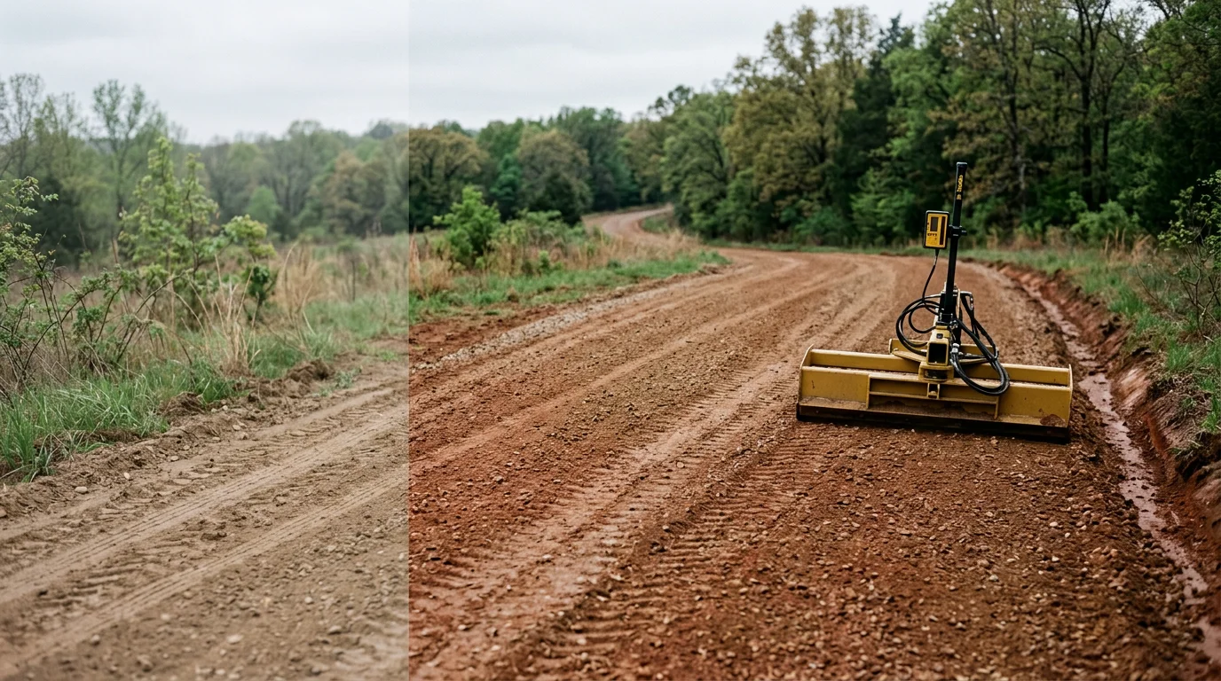 A graded gravel driveway on a rural property in Washington County, Arkansas, with a smooth crowned surface and defined edges directing water toward a roadside ditch. The surrounding landscape shows open fields and tree lines typical of northwest Arkansas.