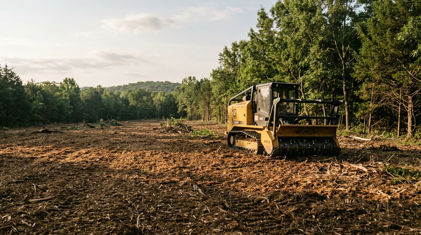 A Washington County Arkansas property after forestry mulching, showing cleared brush and a ground layer of wood mulch with open land and tree lines visible in the background. A forestry mulcher on a rural Arkansas lot processing dense cedar and hardwood regrowth along a fence line.