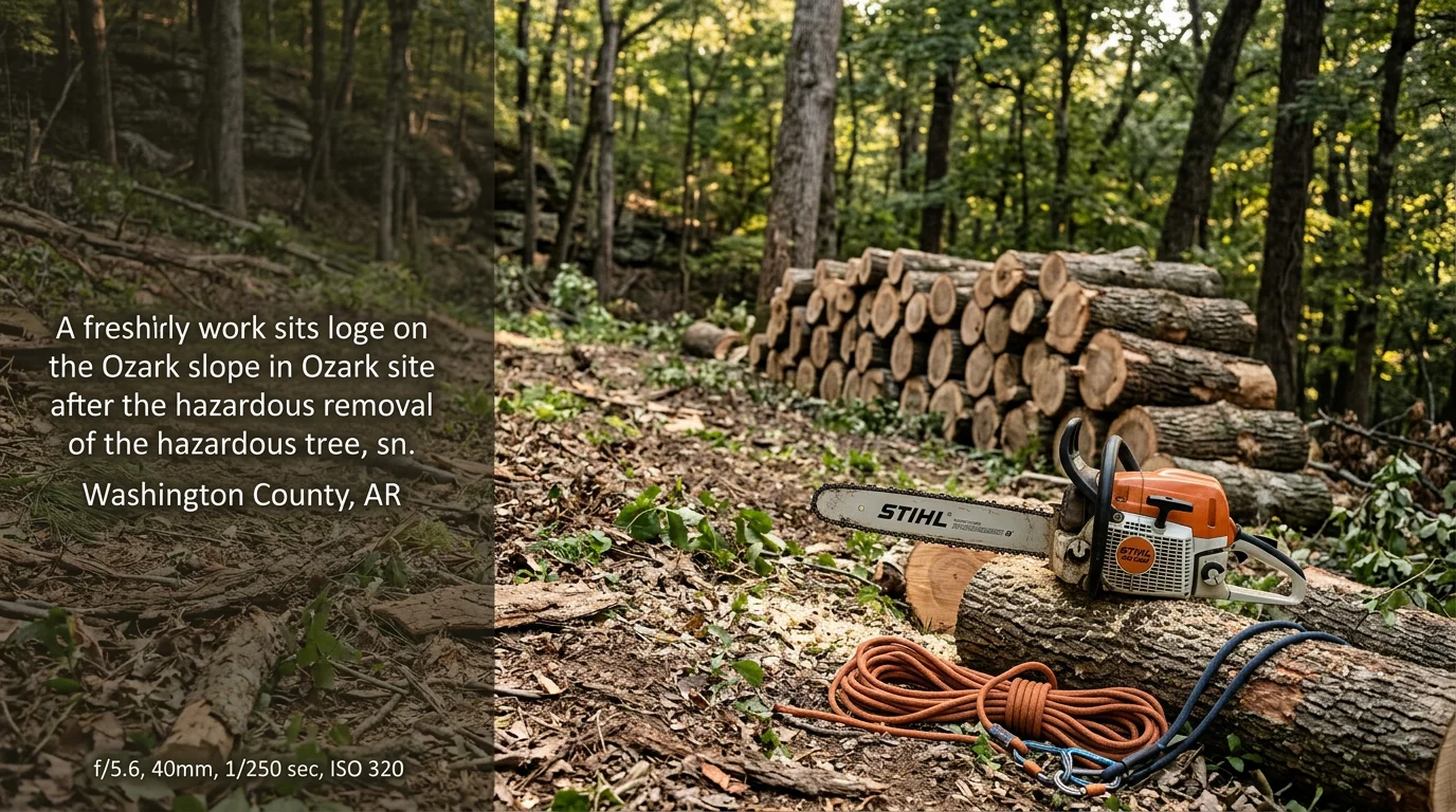 A large dead hardwood tree being felled on a rural property in Washington County, Arkansas, with logging equipment positioned on a sloped wooded lot. The surrounding structures and fence line are clear of the fall zone.