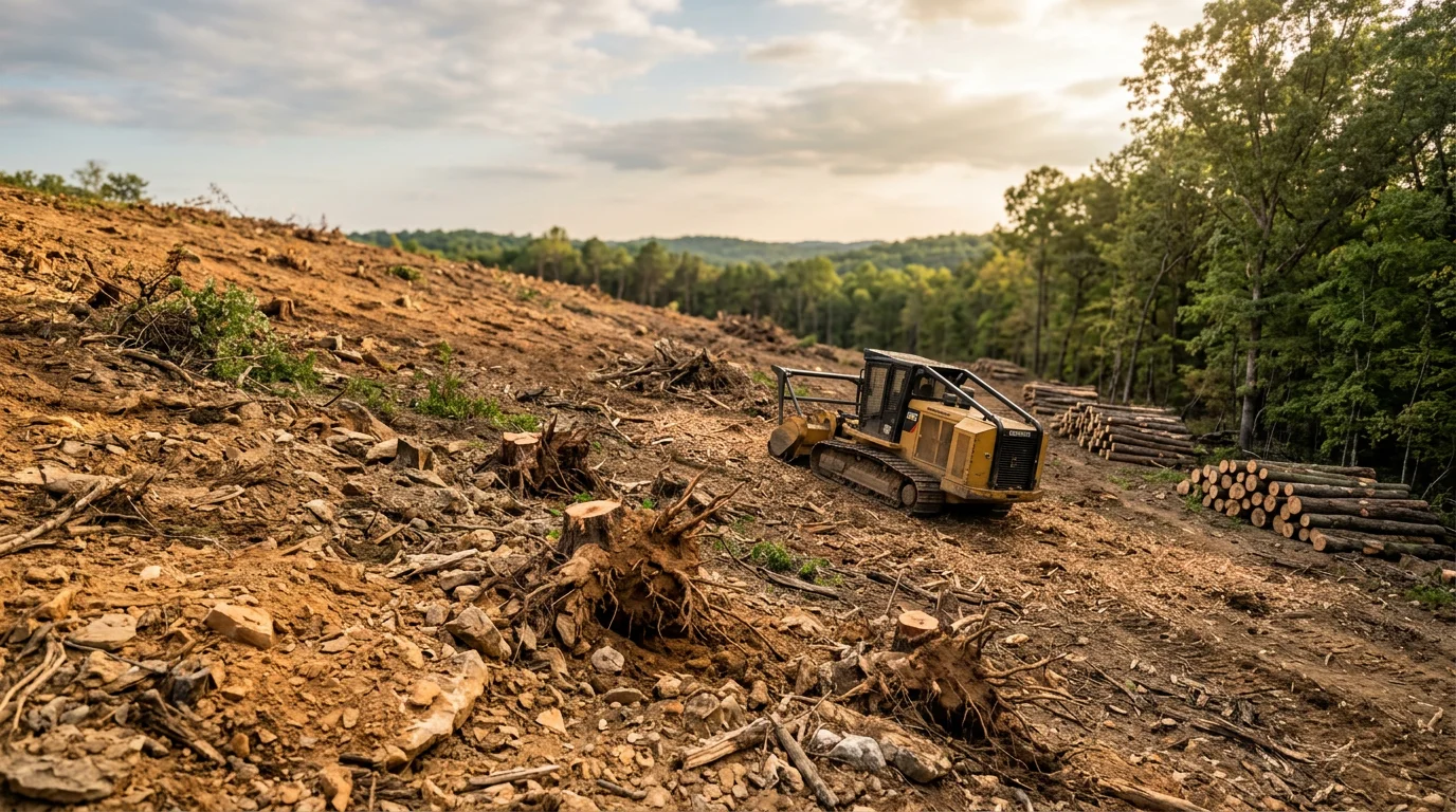 A wooded rural property in Washington County, Arkansas after land clearing, showing open ground with trees, stumps, and undergrowth fully removed. Heavy equipment is visible on the cleared site with Ozark hillside terrain in the background.