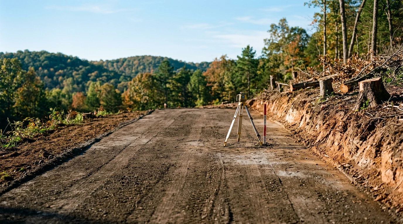 A freshly graded and compacted building pad on a rural lot in Washington County, Arkansas, with surrounding terrain cleared and shaped for drainage. The level dirt surface is ready for foundation or slab work on a residential or agricultural build site.