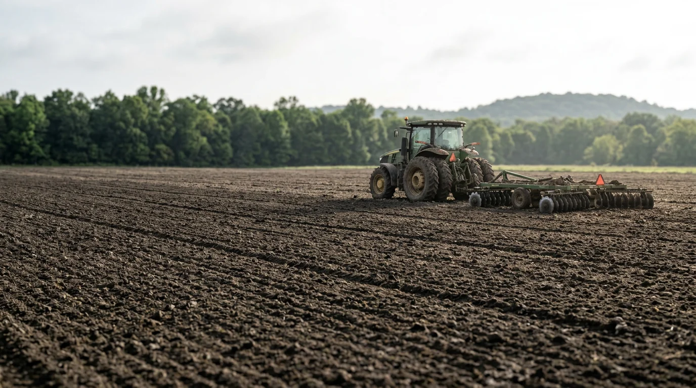 Freshly tilled and leveled pasture ground in Washington County, Arkansas, with broken soil surface ready for grass seeding. Open field with smooth, worked earth stretching across a rural property.