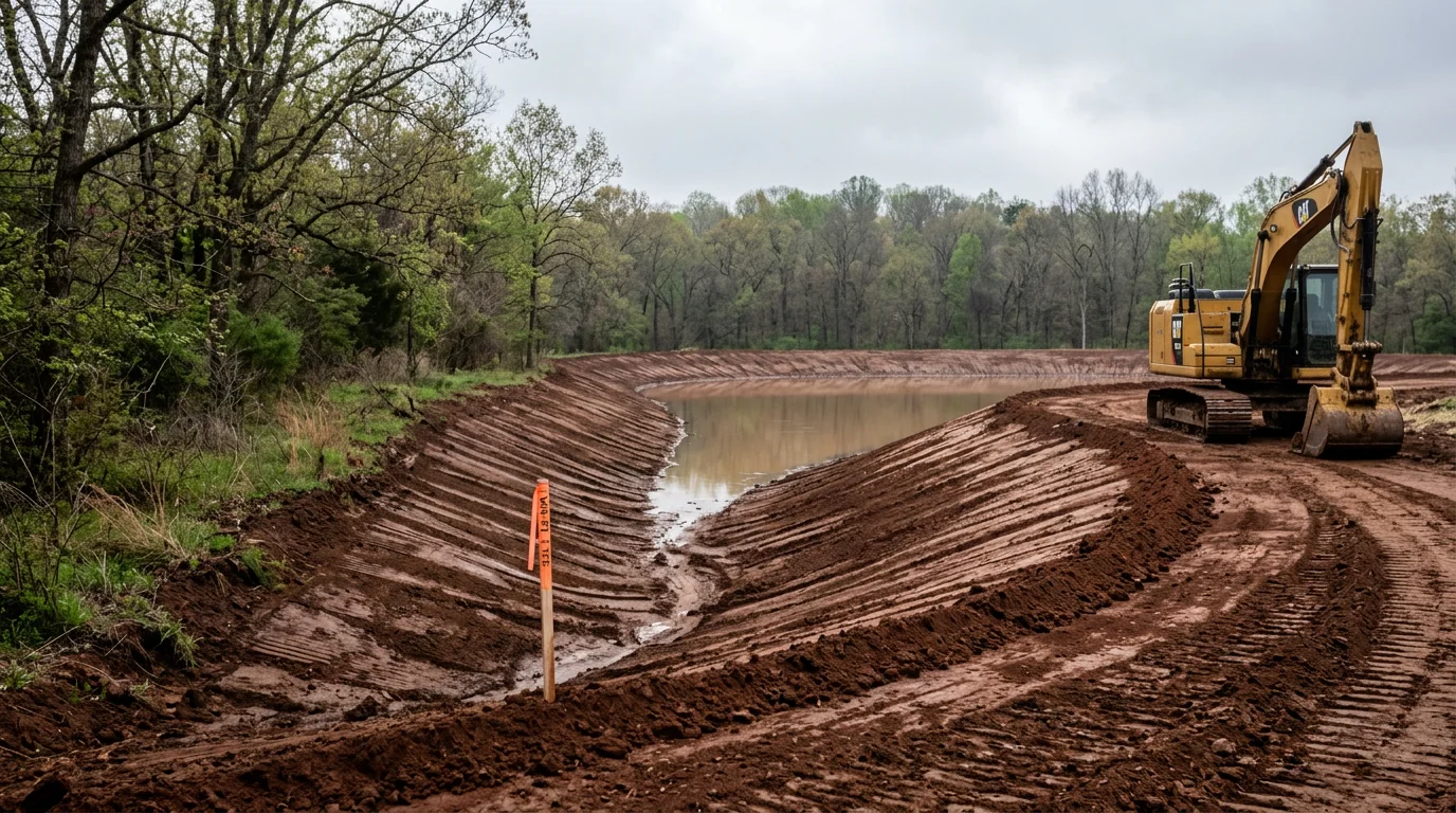 A newly built farm pond on a rural Arkansas property in Washington County, with gently sloped earthen banks and clear water reflecting the surrounding tree line. Heavy equipment tracks are visible along the freshly graded shoreline, showing recent excavation work.
