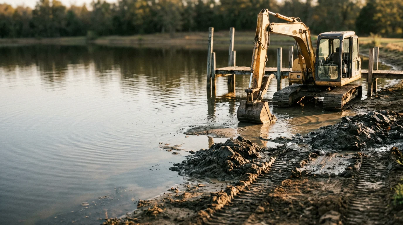 A rural Arkansas pond in Washington County after a professional cleanout, showing clear water and a clean shoreline free of muck and debris. Heavy equipment tracks are visible on the bank where sediment was removed and hauled away from the water's edge.