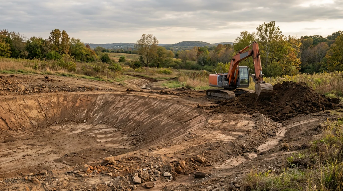 Heavy excavation equipment shaping a pond basin on a rural property in Washington County, Arkansas. Freshly cut clay banks and graded spoil dirt surround the newly dug pond site.