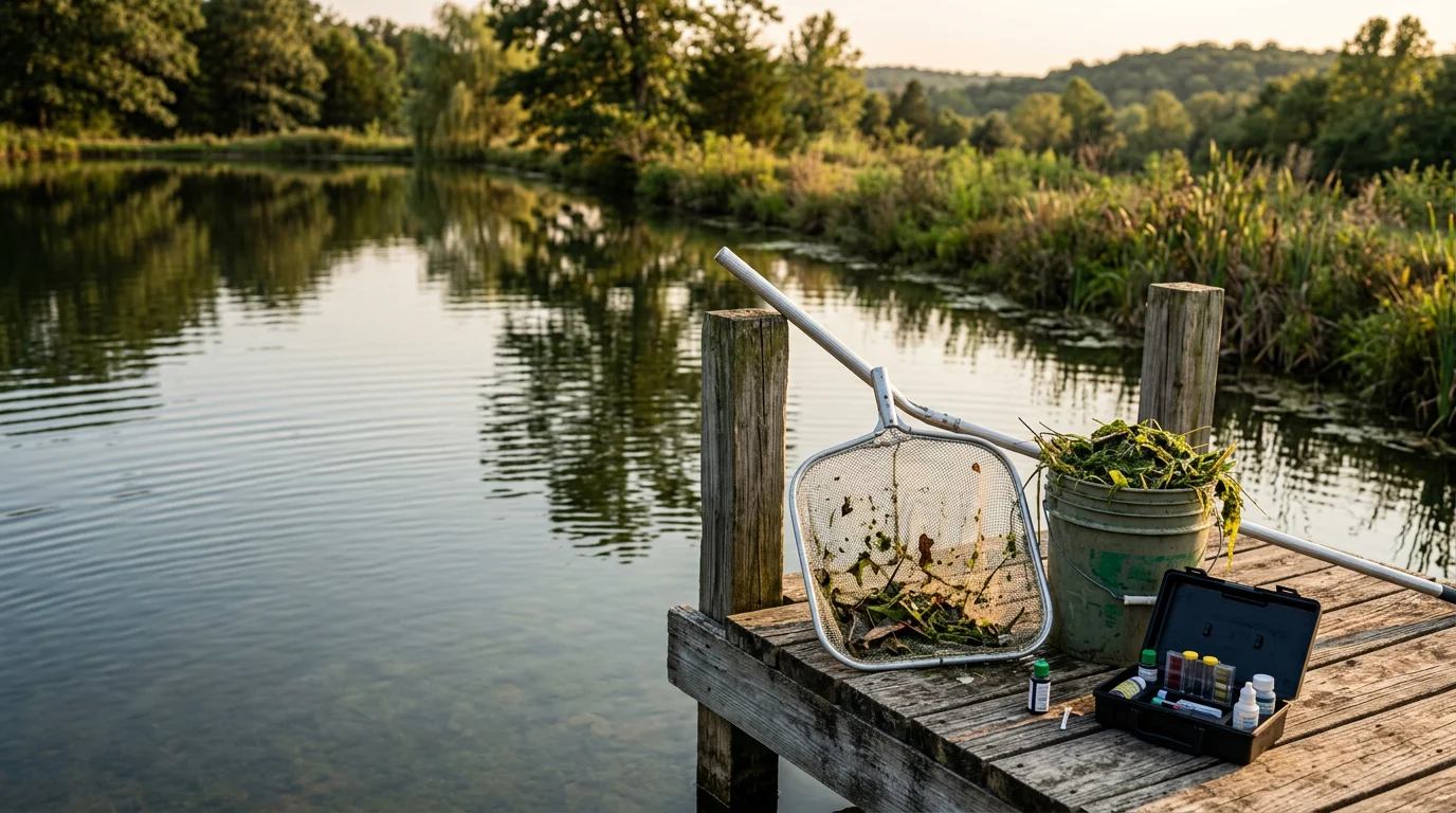 A clear, well-maintained farm pond in Washington County, Arkansas, with clean banks and open water free of heavy algae or debris. A pond contractor inspects the shoreline during a routine maintenance visit.