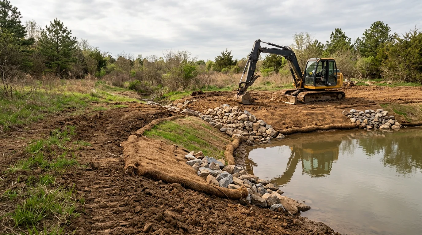 A rural pond in Washington County, Arkansas after restoration work, showing reshaped banks, cleared vegetation along the shoreline, and open water with restored depth. Heavy equipment tracks visible along the stabilized bank edge.