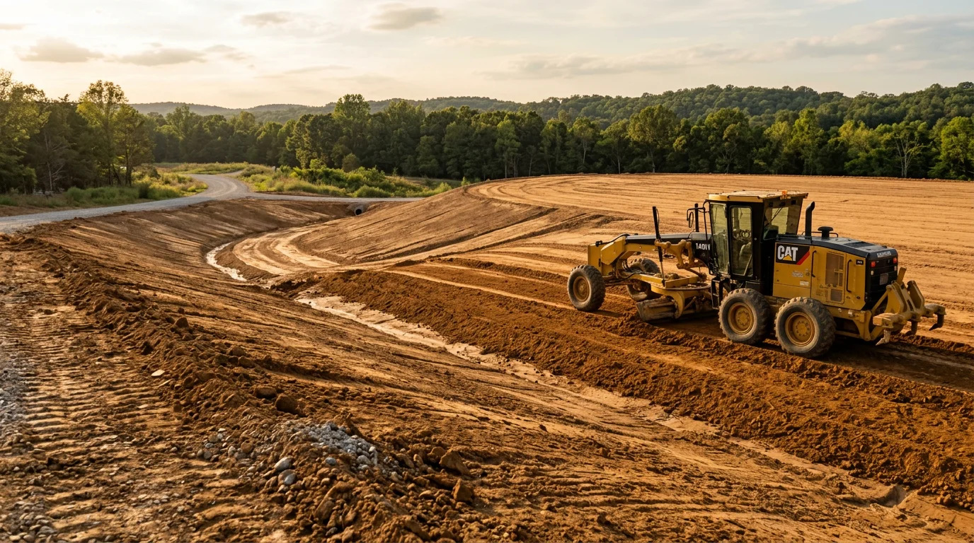 A graded rural property lot in Washington County, Arkansas showing smooth, sloped soil surface with corrected drainage away from a cleared building area. Heavy equipment tracks visible across freshly shaped ground on a partly cloudy day.