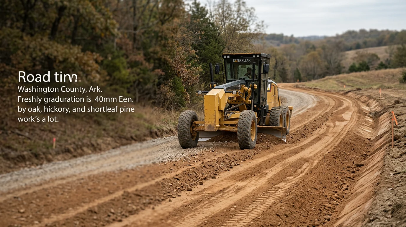 A freshly graded gravel road cut through wooded Ozark terrain in Washington County, Arkansas. The road bed is level and clear, with sloped shoulders and a defined path leading into a rural timber property.