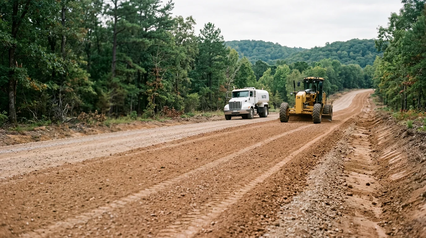A gravel road in Washington County, Arkansas after grading, showing a smooth crowned surface with cleared drainage ditches on both sides running through a rural wooded property.