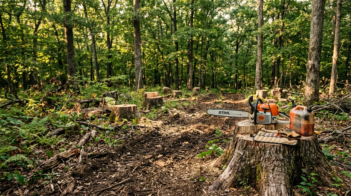 A wooded property in Washington County, Arkansas after a select cut logging operation, with mature trees remaining standing and open spacing visible between the trunks. Harvested timber is staged at the edge of the stand while the surrounding forest floor stays largely intact.