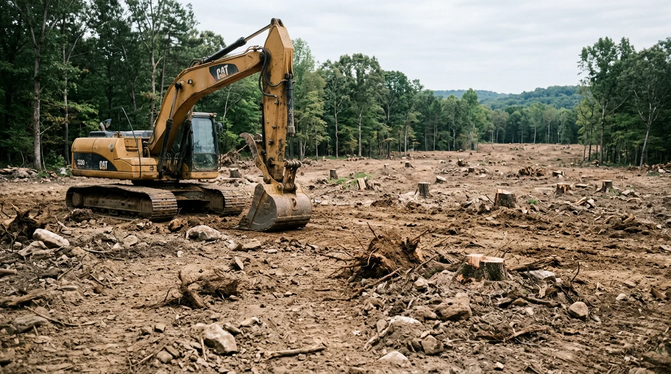 A cleared and graded building site in Washington County with trees and brush removed and level ground ready for construction. Heavy equipment tracks are visible across the freshly worked soil.