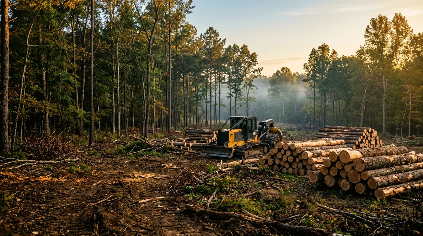 A logging contractor operating heavy equipment to remove large hardwood timber from a wooded property in Washington County, Arkansas. Felled logs are staged at a landing area ready for haul-off, with surrounding trees left standing and undamaged.