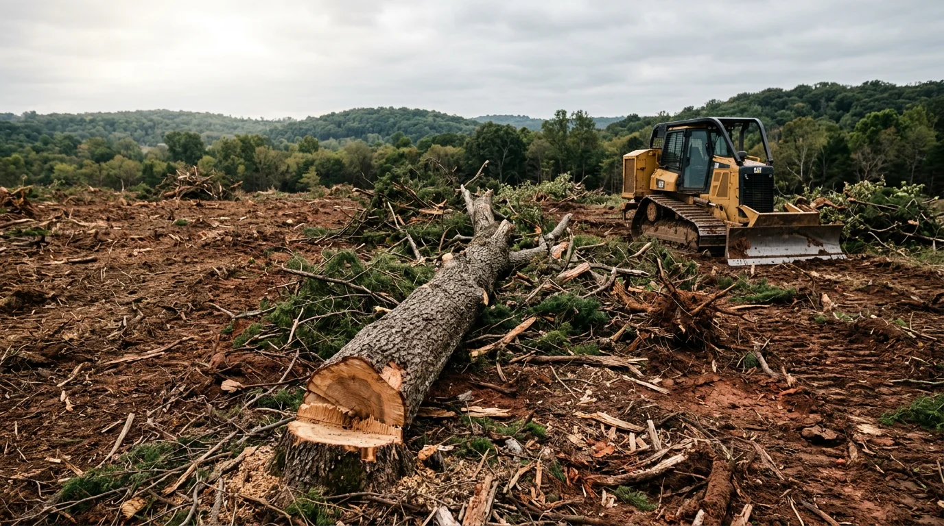 A Washington County, Arkansas property after tree clearing by Felten Logging LLC, showing open land with stumps and felled trees removed and usable ground visible. Mixed hardwood and cedar growth has been cleared from a rural lot, leaving the site ready for its next use.