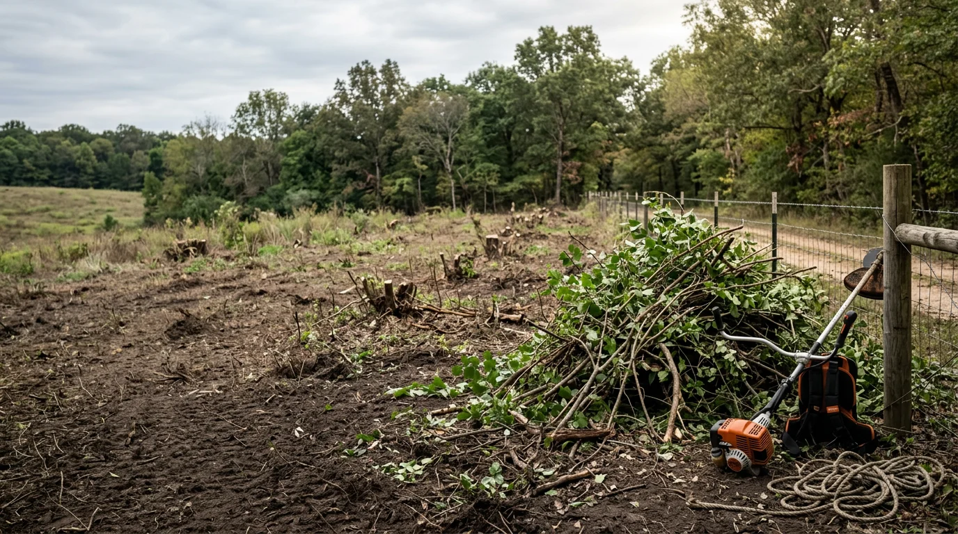 A Washington County rural property with dense overgrown vegetation cleared from a field edge and fence line, leaving open usable ground. Piles of cut invasive shrubs and vines are visible in the foreground after removal by Felten Logging LLC.